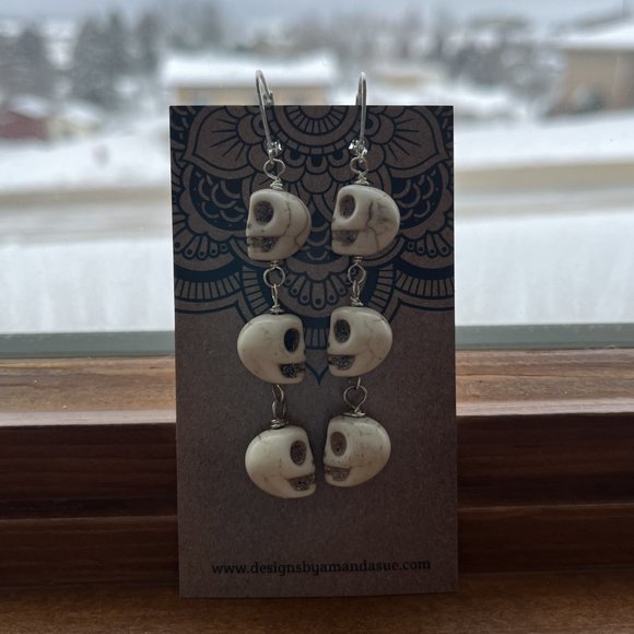 Triple Magnesite Skull Dangle Earrings, Handmade Original Design - Picture 3 of 4